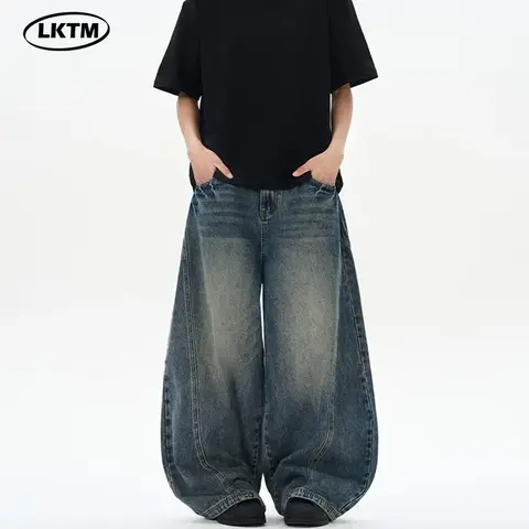 Джинсы LKTM baggy с изогнутыми штанинами, вышивка, винтажный синий, стирка, унисекс
