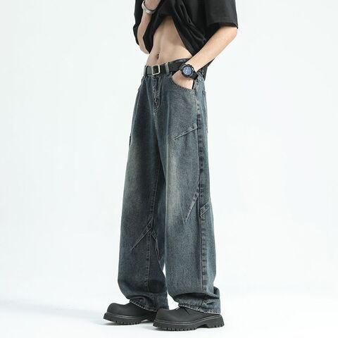 Men's Cleanfit Straight Wide-Leg Jeans, Vintage Wash, High Street Style, 3 Colors
