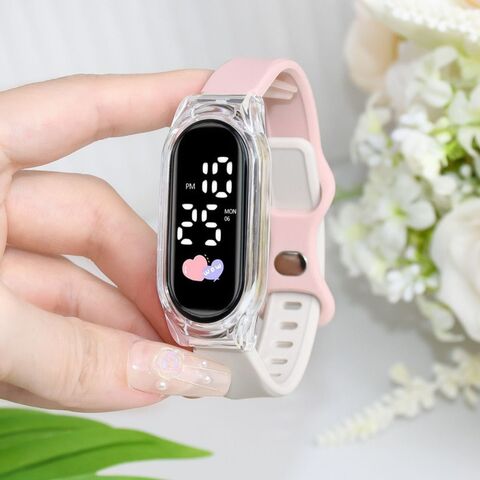 Digital sports bracelet watch with LED heart display, 30 m water resistance, backlight, silicone strap