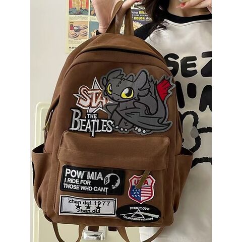 American Retro Style Cartoon Monster Backpack, Canvas, Lightweight, Brown