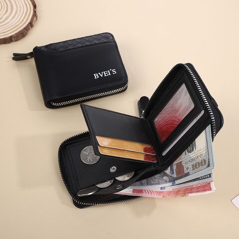 Bevis Men's Short Zip Wallet, PU Leather, Multiple Card Slots, 11×9×2.5 cm