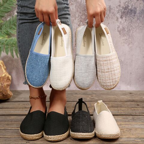Women's Canvas Espadrilles with Jute-Trimmed Flat Sole, Slip-On