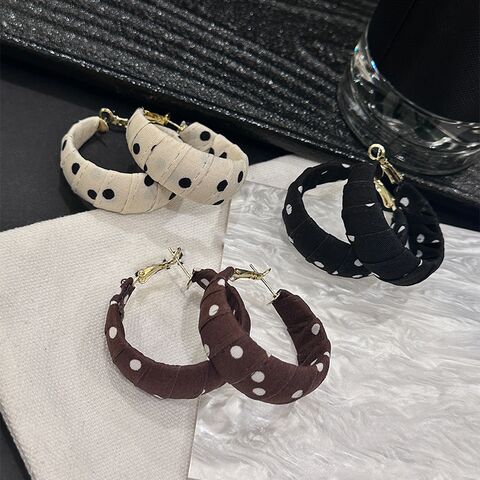 kaitin jewelry Polka Dot Fabric Hoop Earrings, Silver Needle, Retro Style, Black and White