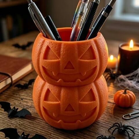 Canhuan Halloween Pumpkin Pen Holder Desk Organizer, 3D-Printed PLA, Orange, 8.7 × 8.6 × 9.9 cm