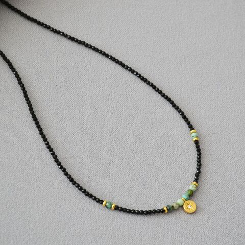 miya sophia jewelry Black Spinel and Turquoise Beaded Choker with Round Star Medallion, 39+5 cm