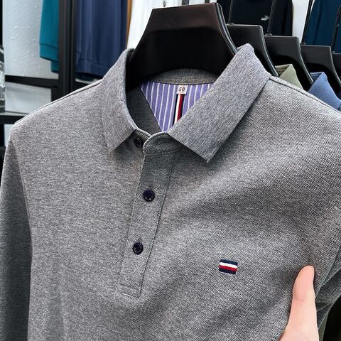 Мужское поло Tommy Xikaili с длинным рукавом, хлопок пике, однотонное, с вышивкой