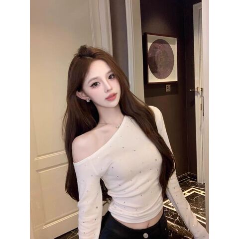 Women's Fitted Top with Asymmetric Neckline and Rhinestones, Long Sleeve, Off-Shoulder, Cropped