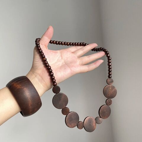 Колье и браслет из деревянных бусин, ретро-стиль, длина 61–70 см, Kaitin Jewelry
