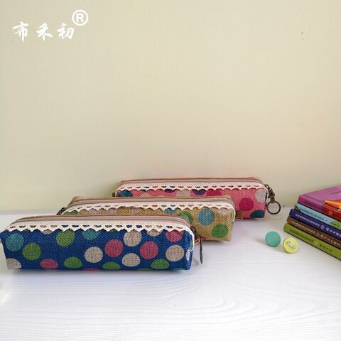 Buhechu square felt pencil case with polka dots, casual fabric design, 19x4 cm
