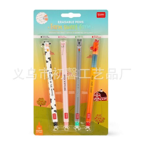Erasable Gel Pens "Farm Animals" — Cow, Pig, Donkey, Turkey, 0.7mm