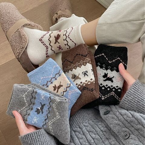 Женские носки-гармошка, хлопок с полиэстером, зимние, в корейском стиле, с рисунком fair isle