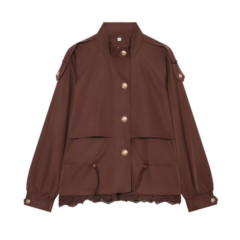 Women's Casual Jacket with Lace Patchwork, Stand Collar, Loose Fit