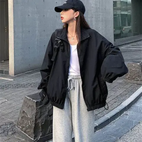 Women's Black Windbreaker, Loose Fit, Polo Collar, Thin