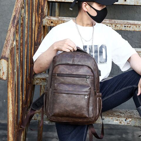 Lanchi Men's Korean Style PU Leather Backpack, Waterproof, Laptop Compartment