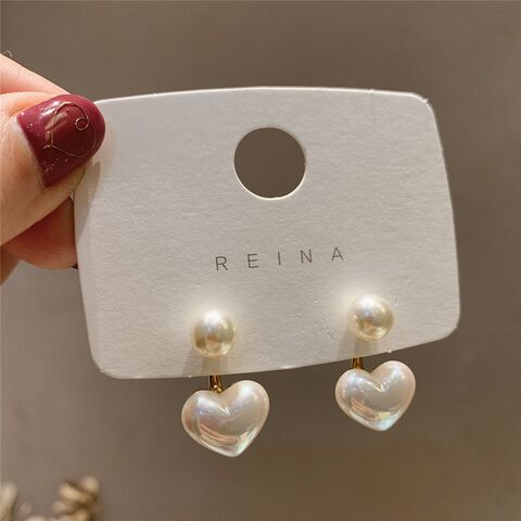 Korean Style Heart Pearl Stud Earrings, 925 Silver Pins, Elegant