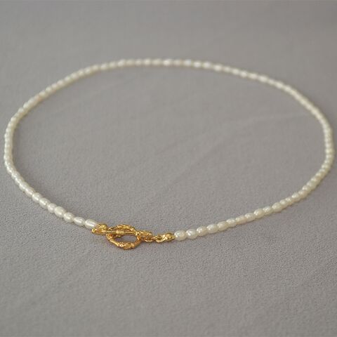 French Style Choker Necklace with Small Rice Pearls, Vintage Vine Flower, OT Buckle, Short