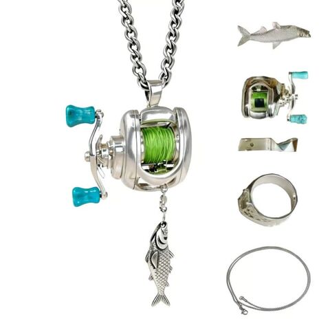 Fishing Reel Jewelry Set: Pendant Necklace and Ring, Unisex Novelty Design
