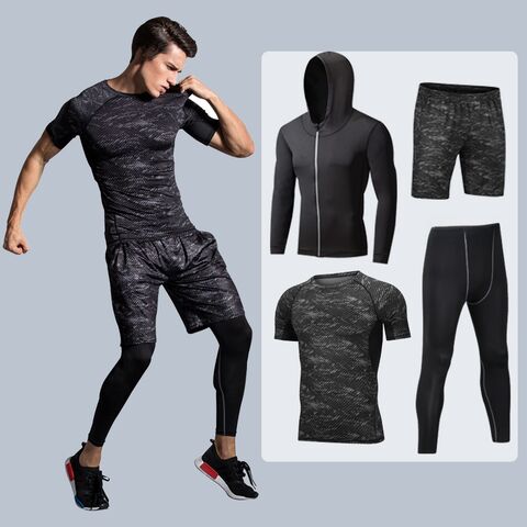 Спортивный комплект мужской для фитнеса, 4 предмета — куртка, футболка, брюки и бриджи, быстросохнущий