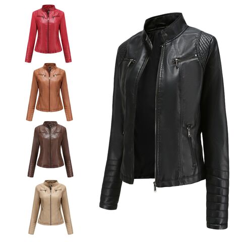 Short Women's Faux Leather Biker Jacket, Slim Fit, Thin, European Sizing