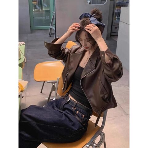 Women's Faux Leather Jacket, Brown, Short, Motorcycle Style