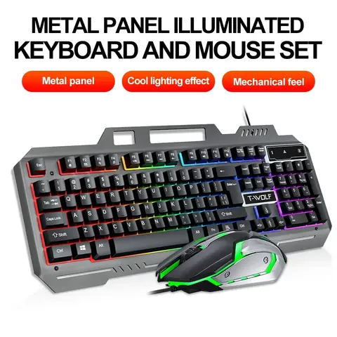 Игровой комплект клавиатуры и мыши T-WOLF TF600, проводной, металлическая пластина, подставка для телефона