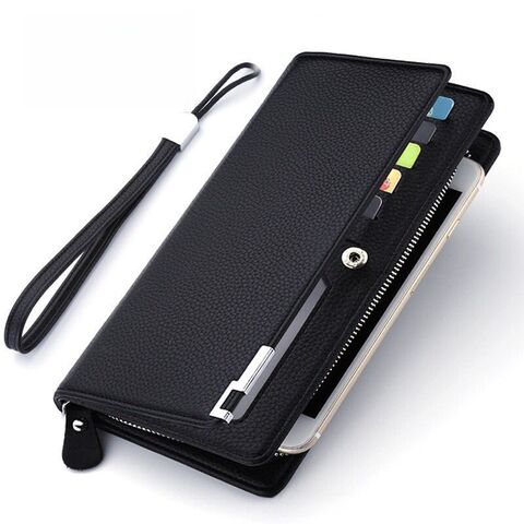 Men's Long Zip Wallet, Embossed Synthetic Leather, Multiple Card Slots, Phone Pocket
