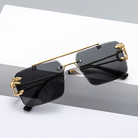 8047 Rimless Double-Bridge Sunglasses with Leopard Head Detail, UV400