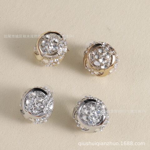 Double C Letter Stud Earrings with Rhinestones, Brass, Silver Pin, Silver Tone