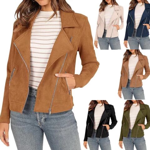 Women's Faux Suede Short Biker Jacket, Zip Closure, Zip Pockets, Lapel Collar
