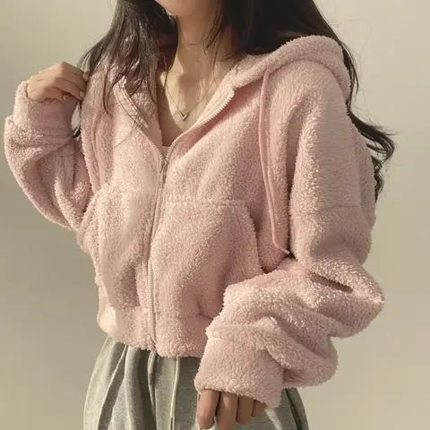 Women's Faux Lamb Wool Cropped Hooded Jacket, Zip-Up, Extra Warm