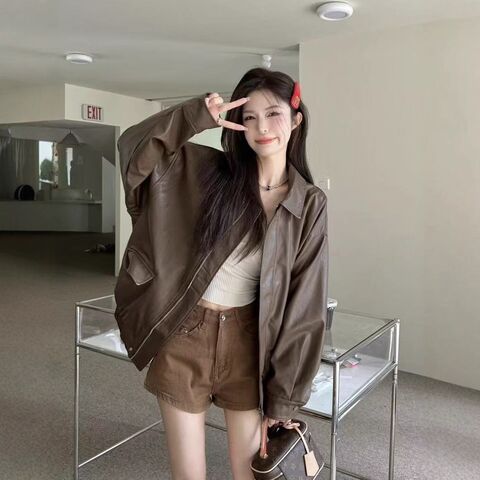 Women's Cropped Faux Leather Biker Jacket, Korean Retro Style, Brown and Black