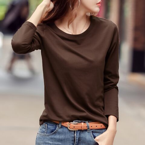 Women's Long-Sleeve T-Shirt, Round Neck, Solid Color, Polyester-Spandex, Basic, Sizes S–5XL