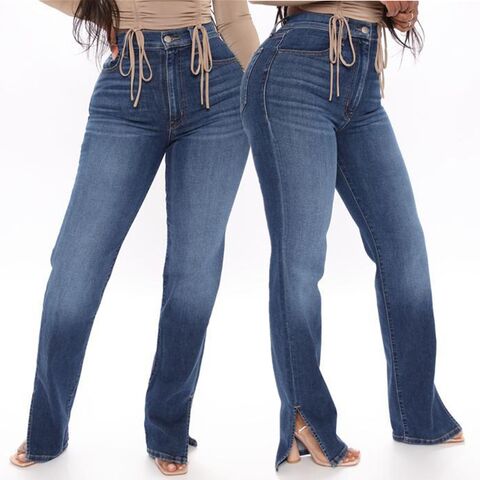 Women's straight-leg jeans, mid-rise, washed effect, dark blue, Japanese casual style