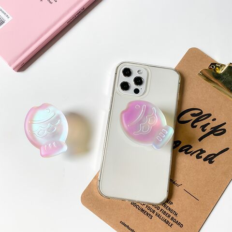 Fish-Shaped Telescopic Phone Grip Stand, Frosted Holographic Finish, Adhesive Mount