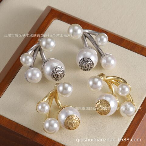 Medusa Medallion Pearl Earrings, Plated Brass, Silver Posts, Retro Style