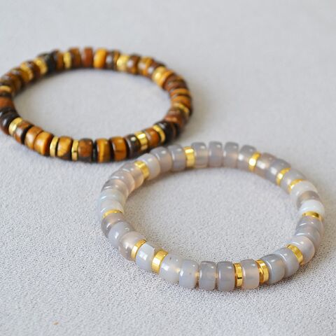 Браслет на резинке Miya Sophia Jewelry из натуральных камней: агат, тигровый глаз, позолоченные разделители