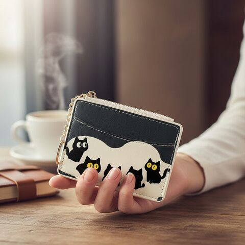 Кошелёк-монетница TIDALSTYLE с котиком, короткий на молнии, мини, экокожа PU
