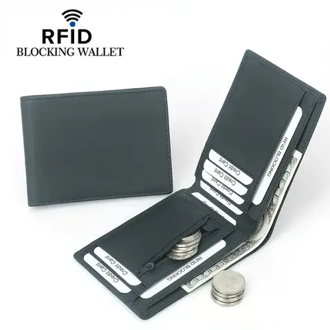 DKER Men's Short Genuine Leather Wallet, RFID Blocking, Zipper, Multiple Card Slots