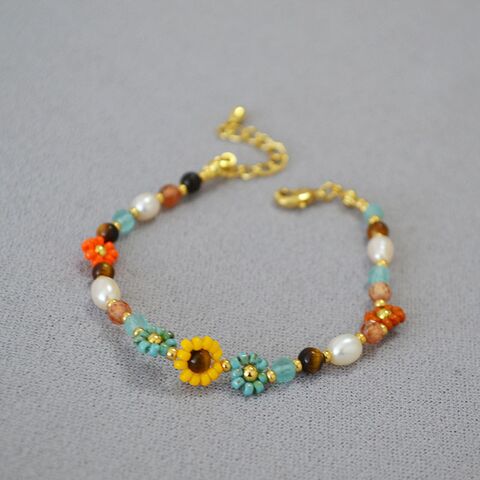 Браслет из бисера Miyuki Miya Sophia Jewelry с подсолнухами в стиле Ван Гога, пресноводный жемчуг, 16+3 см