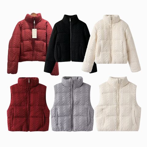 Women's Knit-Detail Padded Jacket, Stand Collar, Zip Closure, Mid-Length