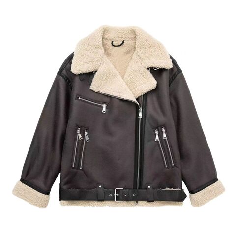 Women's Faux Shearling Biker Jacket, PU with Faux Lamb Fur, Warm, Loose Fit