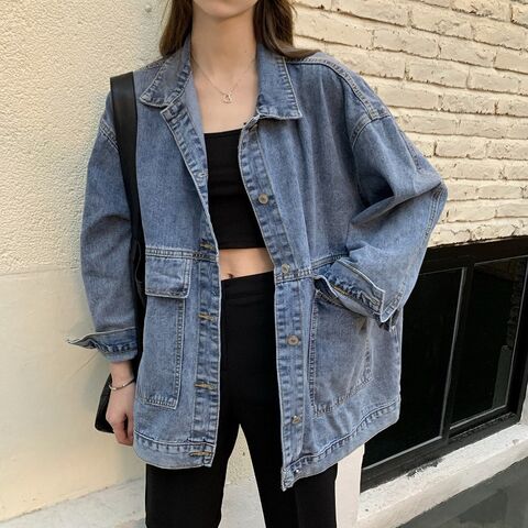 Han Niu Women's Loose-Fit Denim Jacket, Thin, with Pockets, Spring–Autumn