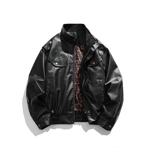 ACUSCEOOU Men's PU Faux Leather Jacket, Leopard Print Lining, Loose Fit
