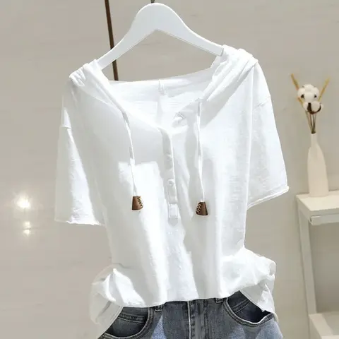Women's Hooded Short Sleeve T-Shirt, Cotton, Loose Fit, Korean Style