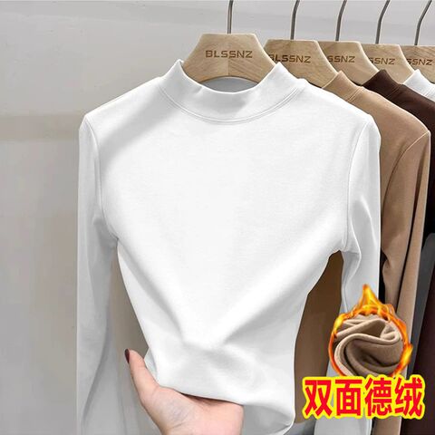 Mianroufu Women's Double-Sided Derong Thermal Mock Neck Top, Fleece-Lined, Slim Fit, Long Sleeve