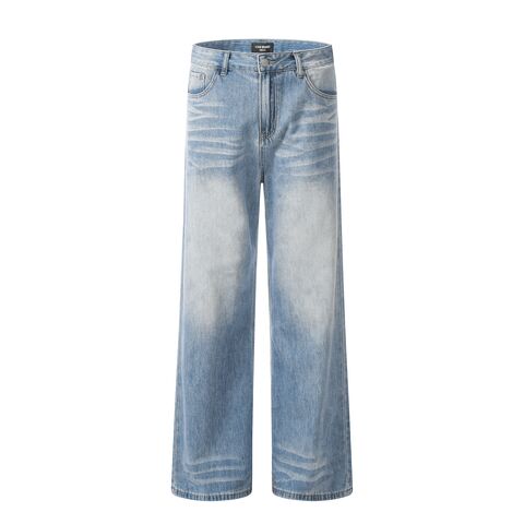 11KN Men's American Retro Loose Straight Wide-Leg Jeans, Sky Blue