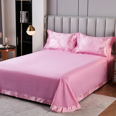 European Style Bed Sheet 13372, Cotton Jacquard Sateen, Solid Color, Lace Trim and Rounded Corners