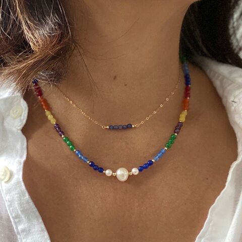 Колье-чокер YK Jewelry из разноцветных бусин турмалина, титановая сталь, 38+5 см