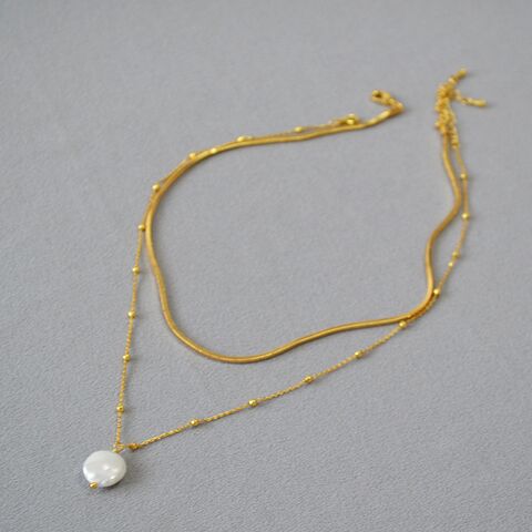 miya sophia jewelry Baroque Pearl Necklace, Snake Chain, Layered, Collarbone Length