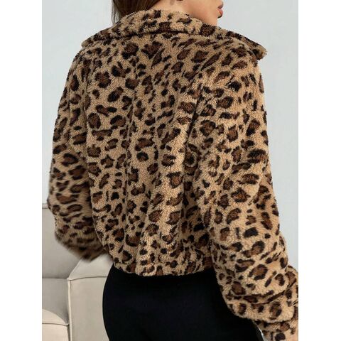 Women's Leopard Print Faux Fur Cropped Jacket Sweatshirt, Zip Front